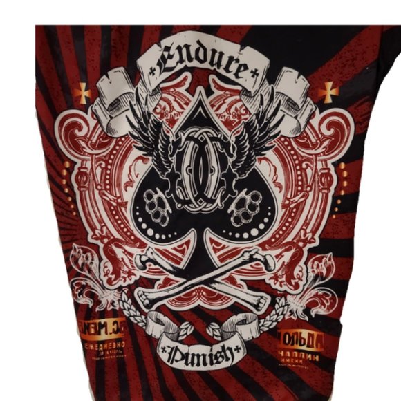 MMA Elite Mens XL Red Black Spade Wing Bone Fighter Trainers Shorts 11in Inseam - Picture 2 of 12